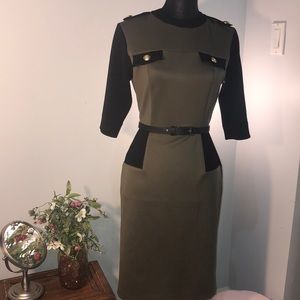 Army green and black fitted  midi dress